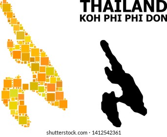 Gold square mosaic and solid map of Koh Phi Don. Vector geographic map of Koh Phi Don in yellow golden color variations. Abstract mosaic is created with random flat square parts.