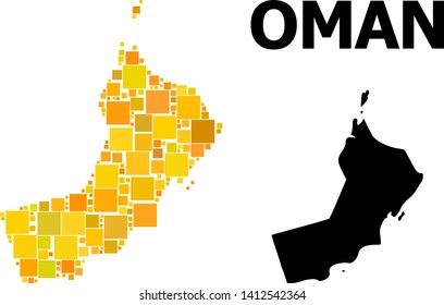 Gold square mosaic and solid map of Oman. Vector geographic map of Oman in yellow golden color tinges. Abstract mosaic is created with scattered flat square parts.