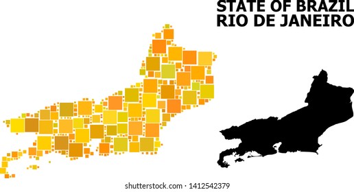 Gold square mosaic and solid map of Rio de Janeiro State. Vector geographic map of Rio de Janeiro State in yellow golden color tinges. Abstract mosaic is designed with random flat square parts.