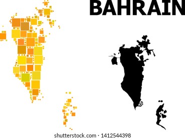 Gold square mosaic and solid map of Bahrain. Vector geographic map of Bahrain in yellow golden color variations. Abstract concept is combined from scattered flat square dots.