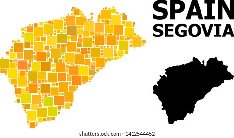 Gold square mosaic and solid map of Segovia Province. Vector geographic map of Segovia Province in yellow golden color tints. Abstract composition is created from scattered flat square elements.