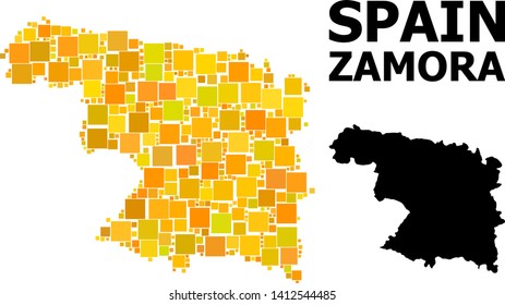 Gold square mosaic and solid map of Zamora Province. Vector geographic map of Zamora Province in yellow golden color tinges. Abstract composition is done from randomized flat square dots.