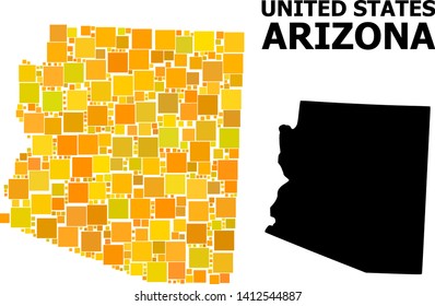 Gold square mosaic and solid map of Arizona State. Vector geographic map of Arizona State in yellow golden color shades. Abstract mosaic is organized from random flat rectangle pixels.