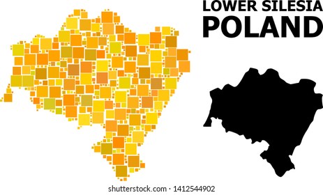 Gold square mosaic and solid map of Lower Silesia Province. Vector geographic map of Lower Silesia Province in yellow golden color hues. Abstract mosaic is composed with scattered flat square pixels.