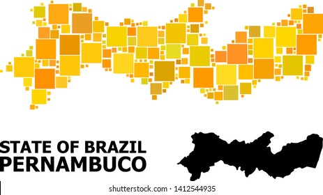 Gold square mosaic and solid map of Pernambuco State. Vector geographic map of Pernambuco State in yellow golden color shades. Abstract mosaic is composed with scattered flat square points.