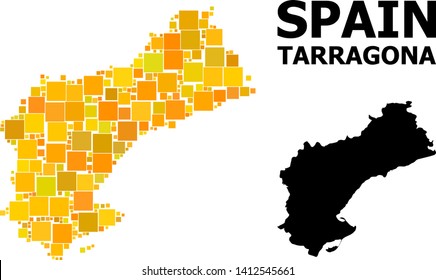 Gold square mosaic and solid map of Tarragona Province. Vector geographic map of Tarragona Province in yellow golden color tones. Abstract mosaic is organized from randomized flat square dots.