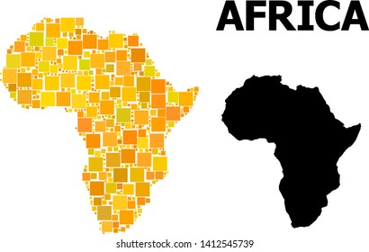Gold square mosaic and solid map of Africa. Vector geographic map of Africa in yellow golden color tinges. Abstract mosaic is composed with scattered flat square dots.