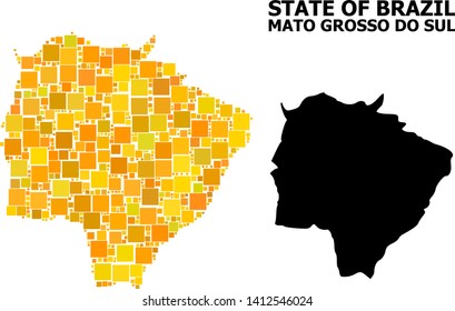 Gold square mosaic and solid map of Mato Grosso do Sul State. Vector geographic map of Mato Grosso do Sul State in yellow golden color tones.