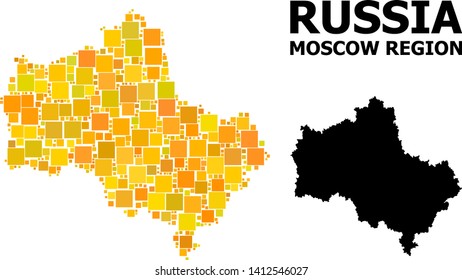 Gold square mosaic and solid map of Moscow Region. Vector geographic map of Moscow Region in yellow golden color hues. Abstract mosaic is composed with randomized flat square parts.