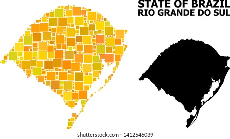 Gold square mosaic and solid map of Rio Grande do Sul State. Vector geographic map of Rio Grande do Sul State in yellow golden color tints. Abstract mosaic is organized from random flat square dots.