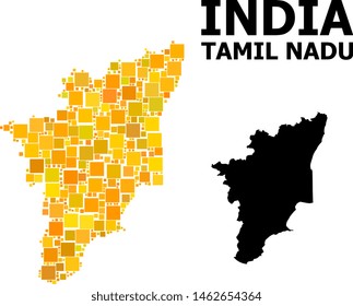Gold square mosaic and solid map of Tamil Nadu State. Vector geographic map of Tamil Nadu State in yellow golden color variations. Abstract concept is created with scattered flat square points.