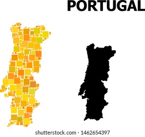 Gold square mosaic and solid map of Portugal. Vector geographic map of Portugal in yellow golden color tones. Abstract mosaic is constructed with scattered flat rectangle dots.