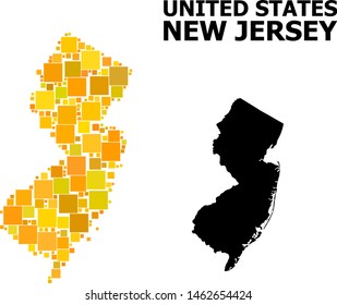 Gold square mosaic and solid map of New Jersey State. Vector geographic map of New Jersey State in yellow golden color shades. Abstract mosaic is composed with random flat square points.