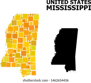 Gold square mosaic and solid map of Mississippi State. Vector geographic map of Mississippi State in yellow golden color tones. Abstract composition is constructed with random flat square dots.