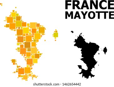 Gold square mosaic and solid map of Mayotte Islands. Vector geographic map of Mayotte Islands in yellow golden color variations. Abstract mosaic is combined with scattered flat square items.