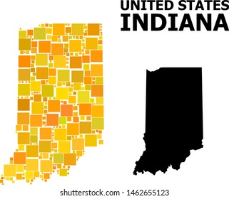 Gold square mosaic and solid map of Indiana State. Vector geographic map of Indiana State in yellow golden color tones. Abstract mosaic is designed with scattered flat rectangular pixels.