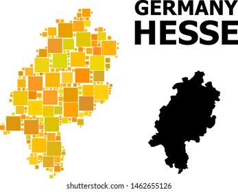 Gold square mosaic and solid map of Hesse State. Vector geographic map of Hesse State in yellow golden color shades. Abstract mosaic is combined from random flat rectangular dots.