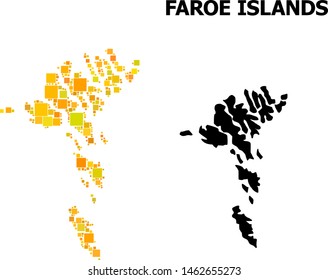 Gold square mosaic and solid map of Faroe Islands. Vector geographic map of Faroe Islands in yellow golden color variations. Abstract mosaic is designed with scattered flat rectangle points.