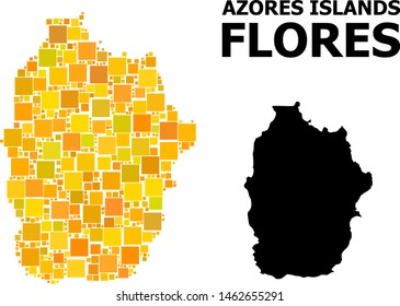 Gold square mosaic and solid map of Azores - Flores Island. Vector geographic map of Azores - Flores Island in yellow golden color shades.