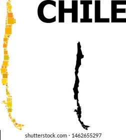Gold square mosaic and solid map of Chile. Vector geographic map of Chile in yellow golden color tinges. Abstract mosaic is composed from randomized flat square parts.
