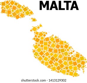 Gold square mosaic vector map of Malta. Abstract concept geographic map of Malta is created with randomized flat rotated square pixels. Vector illustration in yellow golden color shades.