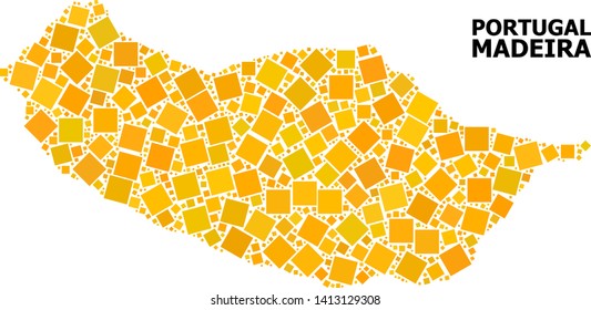 Gold square mosaic vector map of Madeira Island. Abstract collage geographic map of Madeira Island is constructed from scattered flat rotated square dots.
