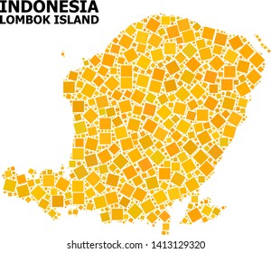 Gold square mosaic vector map of Lombok Island. Abstract mosaic geographic map of Lombok Island is done with random flat rotated square dots. Vector illustration in yellow golden color hues.