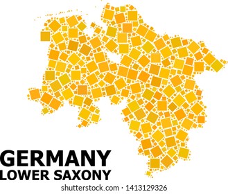 Gold square mosaic vector map of Lower Saxony State. Abstract mosaic geographic map of Lower Saxony State is created from randomized flat rotated rectangle parts.