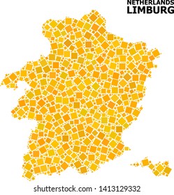 Gold square mosaic vector map of Limburg Province. Abstract mosaic geographic map of Limburg Province is combined from random flat rotated square pixels.