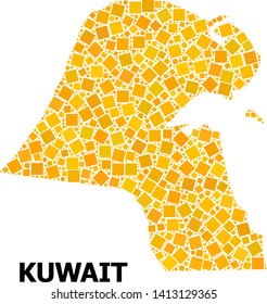 Gold square mosaic vector map of Kuwait. Abstract mosaic geographic map of Kuwait is combined from randomized flat rotated square points. Vector illustration in yellow golden color shades.