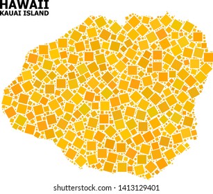 Gold square mosaic vector map of Kauai Island. Abstract collage geographic map of Kauai Island is organized from scattered flat rotated square parts. Vector illustration in yellow golden color tones.