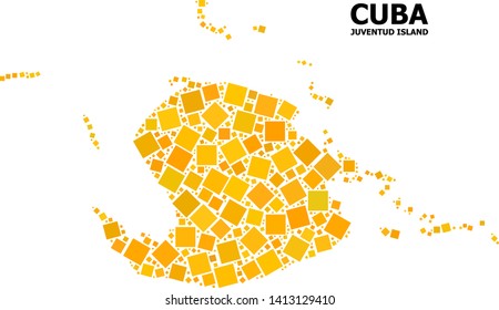 Gold square mosaic vector map of Juventud Island. Abstract mosaic geographic map of Juventud Island is done from randomized flat rotated square parts.