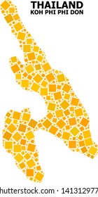 Gold square mosaic vector map of Koh Phi Don. Abstract mosaic geographic map of Koh Phi Don is constructed from randomized flat rotated rectangle parts.