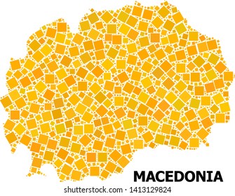 Gold square mosaic vector map of Macedonia. Abstract mosaic geographic map of Macedonia is designed with randomized flat rotated rectangle points. Vector illustration in yellow golden color tones.