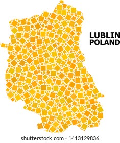 Gold square mosaic vector map of Lublin Province. Abstract composition geographic map of Lublin Province is constructed from randomized flat rotated square items.