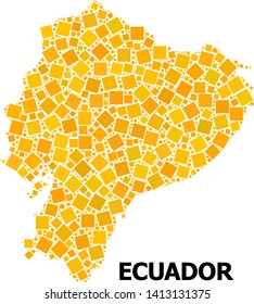 Gold square mosaic vector map of Ecuador. Abstract composition geographic map of Ecuador is created with random flat rotated square parts. Vector illustration in yellow golden color tinges.