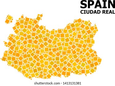 Gold square mosaic vector map of Ciudad Real Province. Abstract mosaic geographic map of Ciudad Real Province is created from scattered flat rotated square dots.