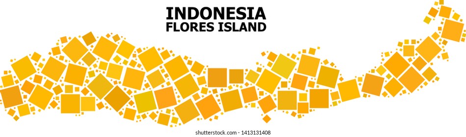 Gold square mosaic vector map of Indonesia - Flores Island. Abstract mosaic geographic map of Indonesia - Flores Island is constructed with randomized flat rotated rectangular elements.