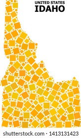 Gold square mosaic vector map of Idaho State. Abstract collage geographic map of Idaho State is organized with randomized flat rotated square dots. Vector illustration in yellow golden color tints.