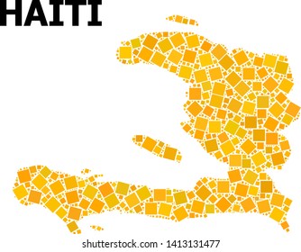 Gold square mosaic vector map of Haiti. Abstract mosaic geographic map of Haiti is created from random flat rotated square dots. Vector illustration in yellow golden color shades.