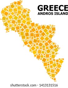 Gold square mosaic vector map of Greece - Andros Island. Abstract mosaic geographic map of Greece - Andros Island is constructed from randomized flat rotated square elements.