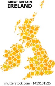 Gold square mosaic vector map of Great Britain and Ireland. Abstract mosaic geographic map of Great Britain and Ireland is composed from random flat rotated square points.