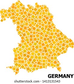 Gold square mosaic vector map of Germany. Abstract mosaic geographic map of Germany is done from randomized flat rotated square pixels. Vector illustration in yellow golden color tints.