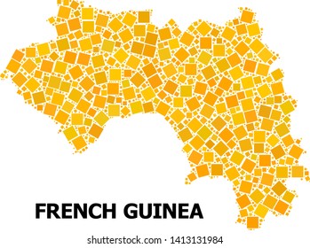 Gold square mosaic vector map of French Guinea. Abstract composition geographic map of French Guinea is constructed from scattered flat rotated square parts.