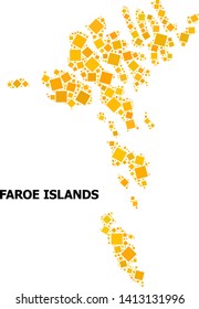Gold square mosaic vector map of Faroe Islands. Abstract collage geographic map of Faroe Islands is composed from scattered flat rotated square pixels. Vector illustration in yellow golden color hues.