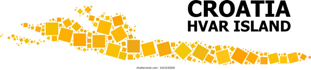 Gold square mosaic vector map of Hvar Island. Abstract concept geographic map of Hvar Island is done from randomized flat rotated square pixels. Vector illustration in yellow golden color tints.