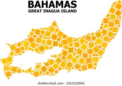 Gold square mosaic vector map of Great Inagua Island. Abstract mosaic geographic map of Great Inagua Island is combined with randomized flat rotated square pixels.