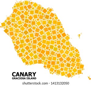Gold square mosaic vector map of Graciosa Island. Abstract mosaic geographic map of Graciosa Island is done with random flat rotated square parts. Vector illustration in yellow golden color hues.