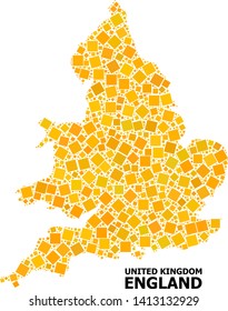 Gold square mosaic vector map of England. Abstract composition geographic map of England is organized from randomized flat rotated square elements. Vector illustration in yellow golden color hues.