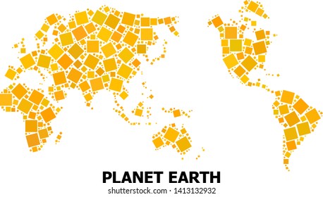 Gold square mosaic vector map of Earth. Abstract mosaic geographic map of Earth is organized with randomized flat rotated square dots. Vector illustration in yellow golden color tinges.